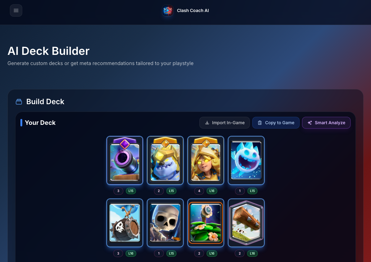 Deck builder workspace from Clash Coach Ai